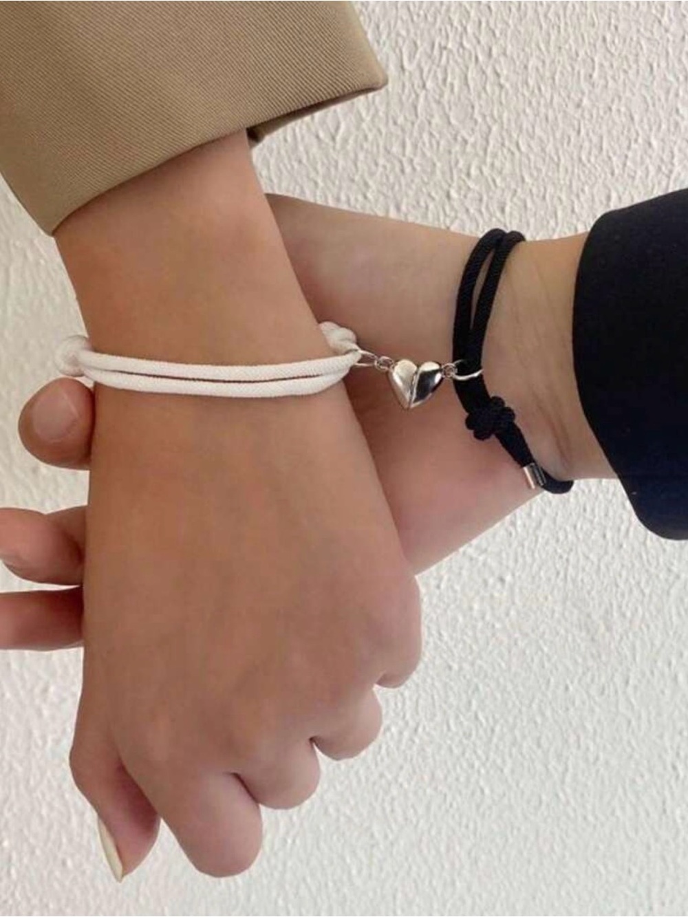 Heart Charm magnetic Double Cord Bracelet - White and Black